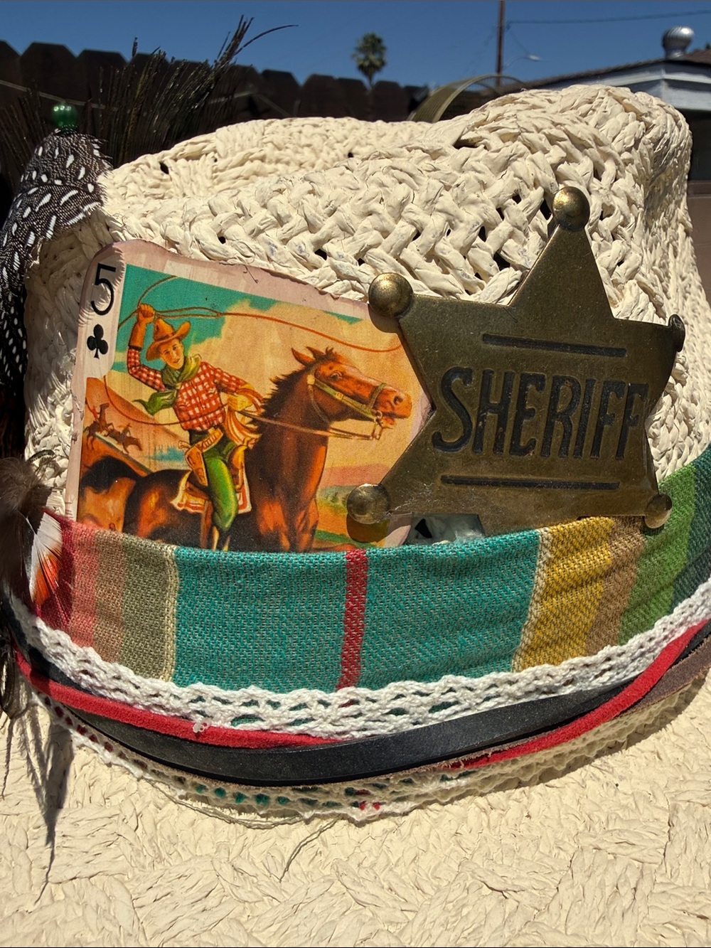 Custom straw cowboy hat w Peacock,feathers leather ,vintage cloth, card sheriff - Picture 12 of 17